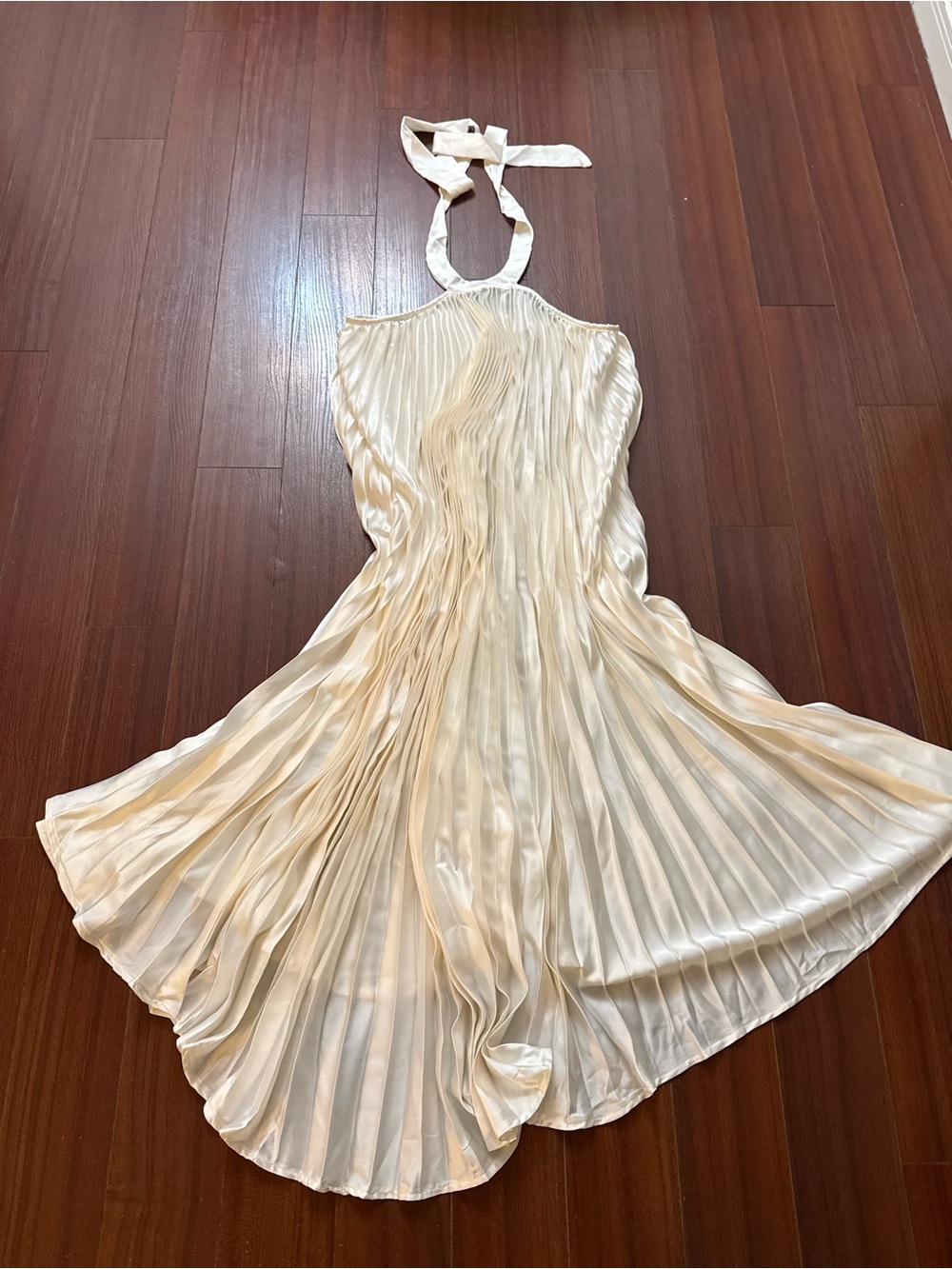Pleated Satin Halter Dress in Ivory